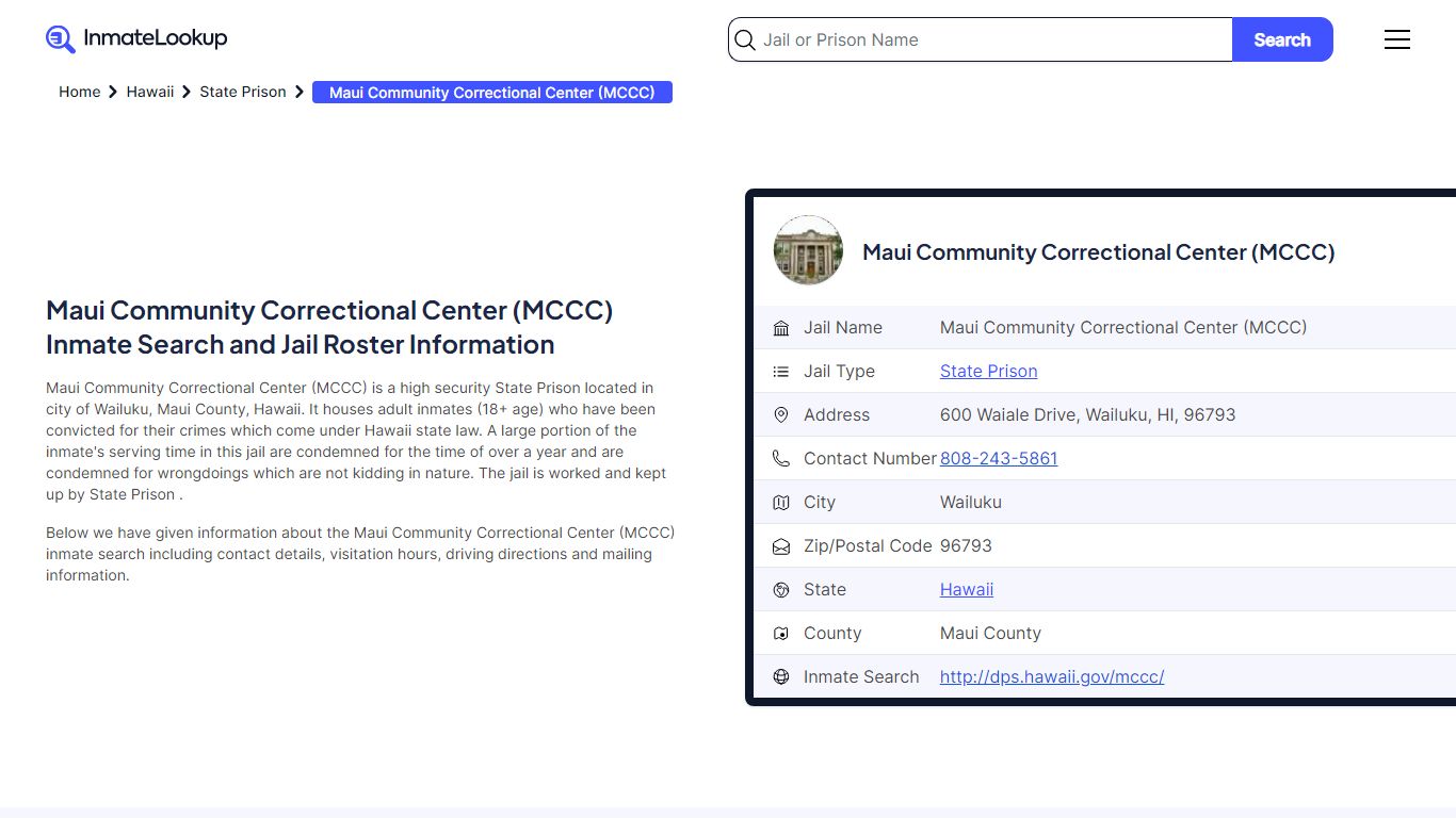 Maui Community Correctional Center (MCCC) Inmate Search, Jail Roster ...